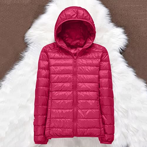 Womens Winter Lightweight Puffer Jacket with Hood Warm Short Packable Women Quilted Jacket Transitional Padded Down Jacket for Ladies Lined for Hiking Travel Plus Size Thin Jacket Down Hot Pink — view 3