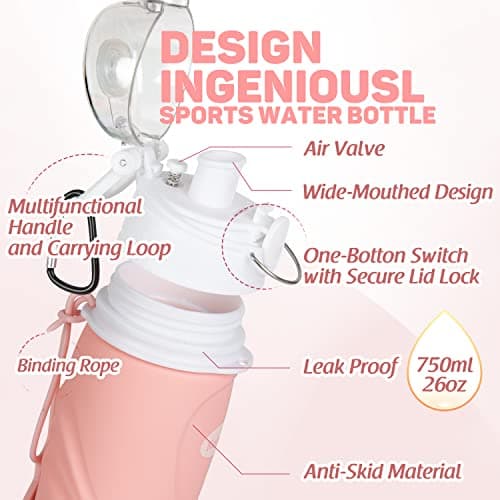 Kemier Collapsible Water Bottle - Drinks Bottle Silicone Foldable Water Bottle for Travel | Gym | Hiking BPA Free Portable Leakproof Sports Water Bottle with Carabiner 750ML | 26OZ — view 3
