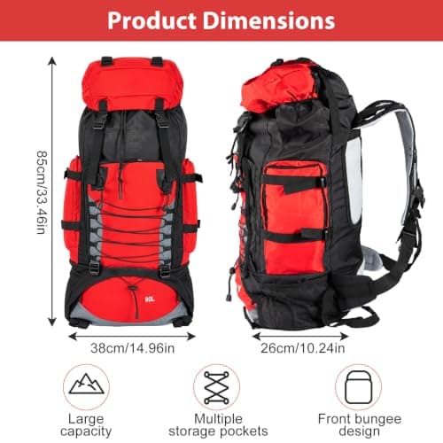 Waterproof Hiking Backpack Large Capacity Trekking Rucksack (90L Red) — view 2