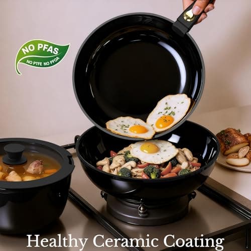OUBRL Pots and Pans Set Non Stick, Ceramic Cookware Set Detachable/Removable Handles, RV Camping Kitchen Cooking Set, Dishwasher/Oven/Fridge Safe, Induction, Space Saving (Black-Gold, 5 Piece) — view 4