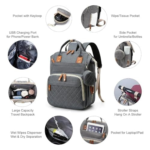 Hushco Lightweight Baby Changing Bag Unisex Backpack Nappy Bags Diaper Travel Bag for Mom and Dad | Pacifier Holder | Stroller/Pram Straps | USB Port (Dark Grey) — view 2