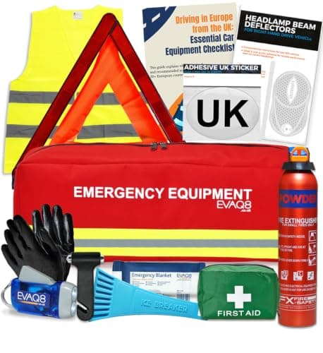 EVAQ8 Car Emergency Kit + France & Europe Travel Compliance Bundle – UK Breakdown Safety Kit with Fire Extinguisher & First Aid, Plus Headlamp Beam Deflectors & UK Sticker for Driving Abroad