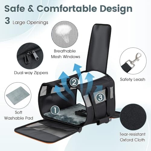 GYMAX Pet Carrier With Wheels, Foldable Soft-sided Dog Travel Crate with Telescopic Handle, Shoulder Strap, Washable Pad, Safety Leash & Storage Pocket, Rolling Cat Carrier (Black,43 x 33 x 32cm) — view 5