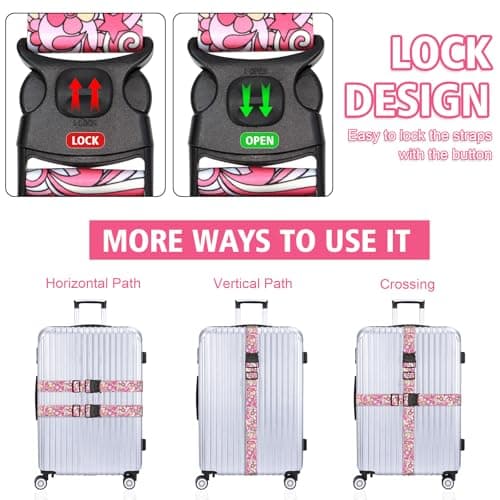 MOTONG 2 PCS Luggage Strap,200 CM Adjustable Suitcase Straps Personalised Luggage Straps Suitcases Heavy Duty Suitcase Belts Thickened Luggage Belt with Quick Release Buckle Pink — view 4