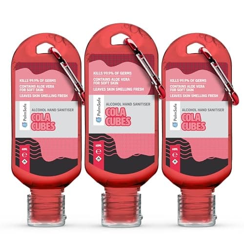 Palm Safe Cola Cubes 3 Pack 60ml Anti Bacterial Premium Hand Sanitiser Travel Size Refillable Clip Bottle Quick Drying Non Sticky Extra Moisturising Kills 99.9% of Viruses and Bacteria