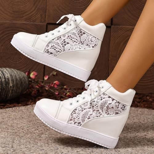 UK 6 White Wedge Sneakers for Bride Women Hidden Heel Ankle High Top Platform Walking Shoes Lace Tennis Sneakers Fashion Bride Wedding Shoes Full White — view 5