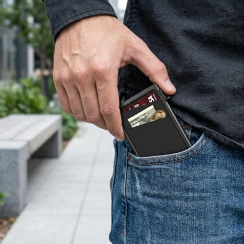 Pop Up Card Wallet RFID Blocking Slim Aluminum Card Holder for Men, Automatic Mens Card Holder Wallet, Smart Wallet Minimalist Metal Credit Card Case, Black — view 6
