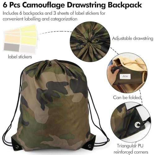 Lunhoo 6 Pack Camouflage Drawstring Bags, 42 x 34 cm, Camo Polyester Pack, Lightweight Drawstring Camping Bag for Gym, Travel, Sport, Party Gift Party Favors — view 2