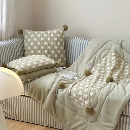 2 in 1 Travel Pillow Blanket, Soft Micro Plush Foldable Blanket Pillow, Flannel Throw for Flights Car Office Naps, Decorative Cushion Cover with Pom Poms Tassels, Warm Winter Travel Accessory (Green)