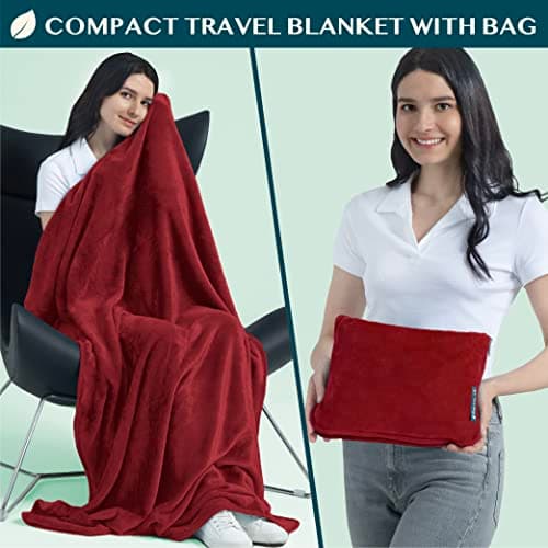 PAVILIA Travel Blanket Pillow, Soft Airplane Blanket 2-in-1 Combo Set, Plane Blanket Compact Packable, Flight Essentials Car Pillow, Travelers Gifts Accessories, Luggage Backpack Strap, 60x43 Red — view 2