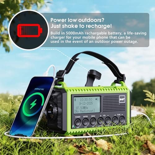 ROCAM Wind Up Solar Radio, DAB/FM Radio with 5000mAh Rechargeable Power Bank, Solar Panel/USB/Hand Crank Charger, Battery Radio Portable, SOS Alarm & Flashlight for Camping Hiking Emergencies (Green) — view 5