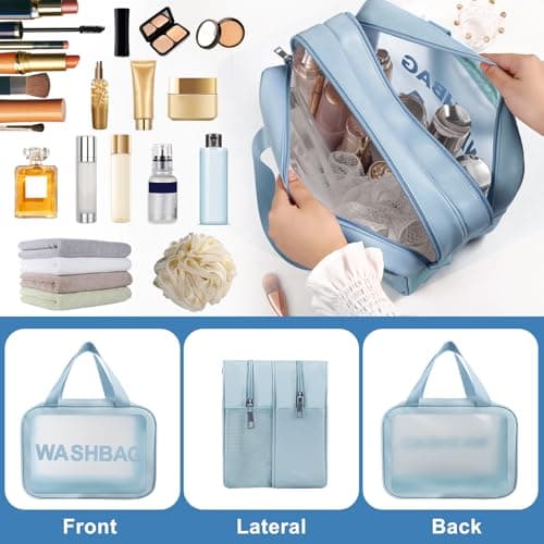 Clear Toiletry Bag, Wet Dry Separation PVC Makeup Cosmetic Bag, Large Capacity PVC Wash Bags with Handles for Women Girls Blue — view 5