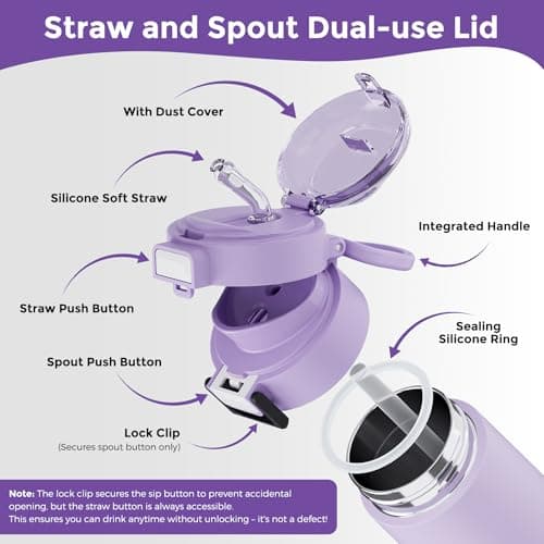 Exllena Small Insulated Water Bottle 400ml with Pop-Open Soft Straw & Spout 2-in-1 Lid, Kids Insulated Water Bottle Leak Proof for Cold&Hot Drinks, BPA-Free, Ideal for School, Handbag, Sport(Lavender) — view 3