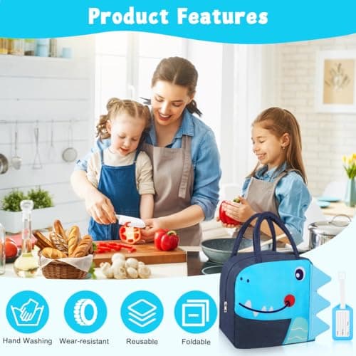 Aucuu Kids Lunch Bag for Boys, Dinosaur Lunch Bag, Insulated Lunch Box, Portable Lunch Box for Kids with Cartoon Cute Design, Foldable Reusable Lunch Cooler Bags for School Travel Picnic — view 6