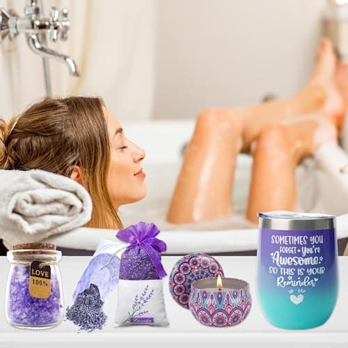 Pamper Birthday Gift for Women - Lavender Bath Spa Package for Her Relaxation Self Care Hampers Unique Skin Care Birthday Presents Set with Bath Bombs, Candles for Best Friend Mom Wife Bestie Auntie — view 6