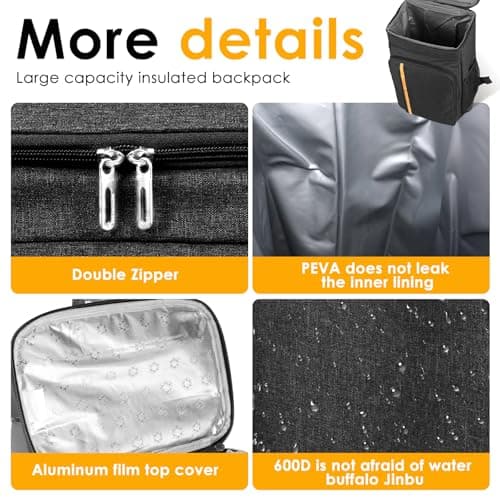 Insulated Cooler Backpack,32 Can/20L Large Capacity Lunch Bag,Thermal Picnic Backpack,Waterproof Oxford Cloth Cooler Bag Portable Insulated Rucksack for Outdoor Beach Picnic Camping Hiking(Black) — view 3