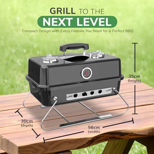 House of Home Portable Charcoal BBQ Grill – Compact Folding Barbecue with Thermometer, Heat Resistant Ash Catcher, Air Vents & Enamel-Coated Rack – Perfect For Camping & Garden Cooking (Black) — view 6