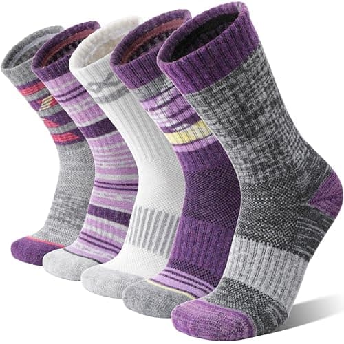 Welwoos Merino Wool Walking Hiking Socks for Women Men Thermal Winter Warm Cosy Crew Work Gift Socks Stocking Fillers 5 Pairs(Purple, 3-7)