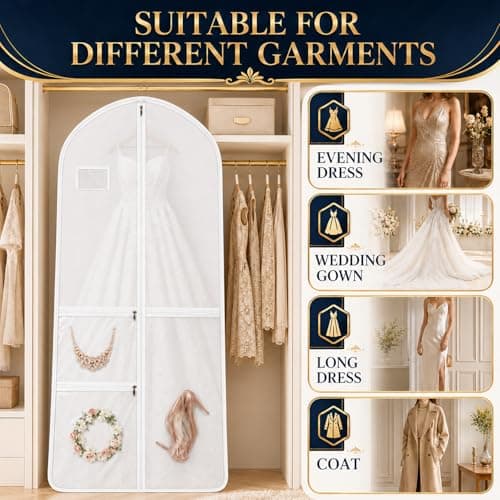 Wedding Dress Bag Covers, URMI Heavy Duty 180 x 60 x 26cm Bridal Gown Cover with 3 Clear PVC Pockets, Long Garment Bag with Handles for Wedding Gown, Evening Dress, Prom Dress, Travel Storage, 1 Pack — view 4