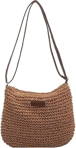 Yunzhou1230 Straw Bag for Women, Summer Straws Beach Bag with Zip & Adjustable Strap, Bohemian Weave Holiday Handbag, Straw Crossbody Bag for Travel, Crochet Handbags for Summer Holidays