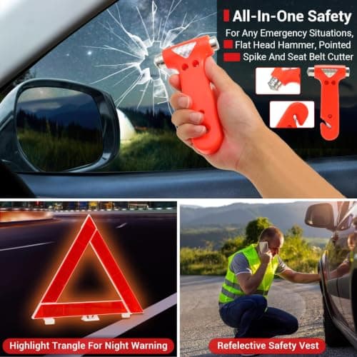 Emergency Breakdown Kit, 76 in 1 Multifunctional Roadside Assistance Car Breakdown Kit with Jumper Cables, Tow Rope, Triangle, Flashlight, Safety Hammer, etc — view 3
