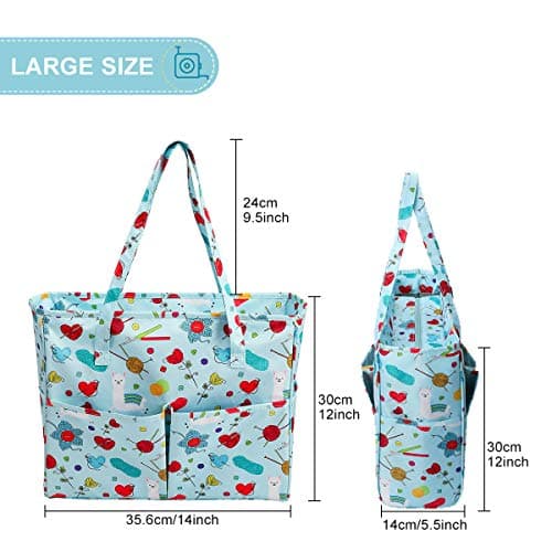 LOOEN Crochet Knitting Tote Bag - Empty Yarn Storage Organiser with Zipper & 10 Pockets (36x14x30cm), Travel Carrier for Hooks, Tangle-Free Wool Skeins, Alpaca Pattern Blue (Bag Only) — view 2