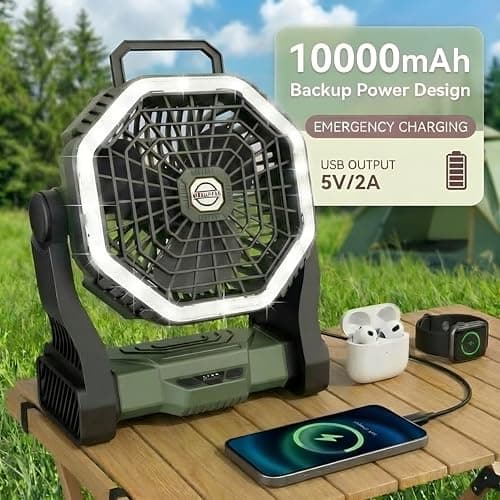 Camping Fan 10000mAh Battery Operated with Light - 4-Speed Rechargeable Tent Fan for Outdoor - Hanging Hook & Tilting Head Design - Multi-Use Desktop Cooling Fan for Camping, Hiking, Fishing (Green) — view 3