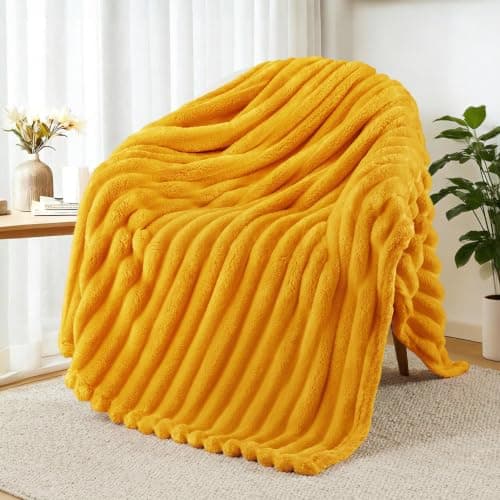 Exclusivo Mezcla Soft Striped Fleece Blanket, Yellow Fluffy Sofa Bed Throw