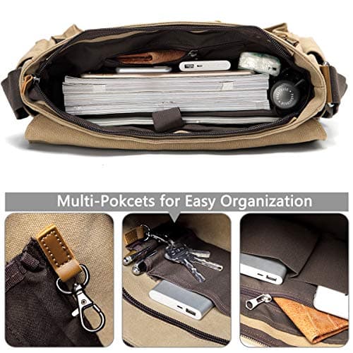 VASCHY Messenger Bag Mens, Vintage Water Resistant Waxed Canvas 15.6 inch Laptop Shoulder Bag Briefcase Satchel with Padded Shoulder Strap and Luggage Sleeve(Khaki) — view 6