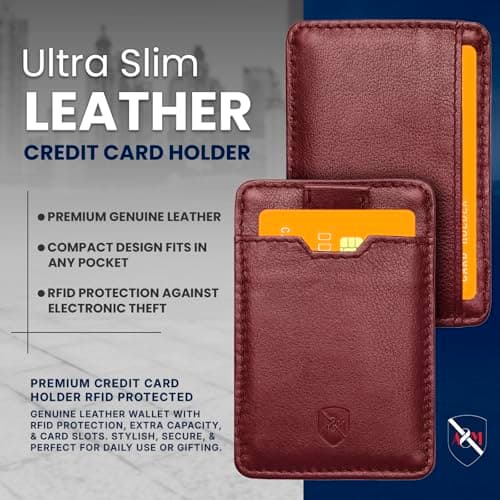 ALLEN & MATE 100% Leather Slim Minimalist Wallet for Men – RFID Blocking Credit Card Holder with Smart Strap – Holds 5 Cards – Compact Front Pocket Wallet (Maroon) — view 3