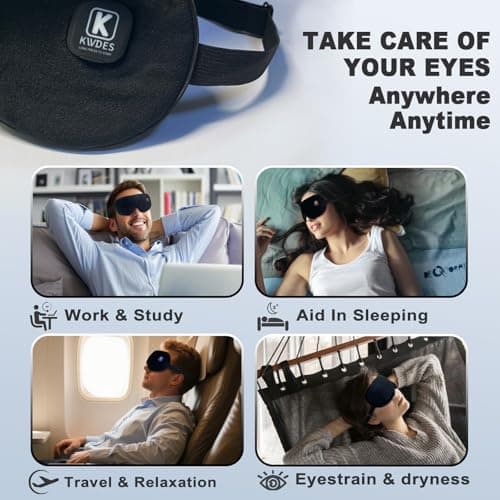 Kivdes Cordless Heated Eye Mask for Dry Eyes Electric USB Warm Eye Compress for Blepharitis & Styes,Rechargeable with Adjustable Strap 3-Level Temperature 30Mins Auto-Off Sleep Travel Gifts (Black) — view 5
