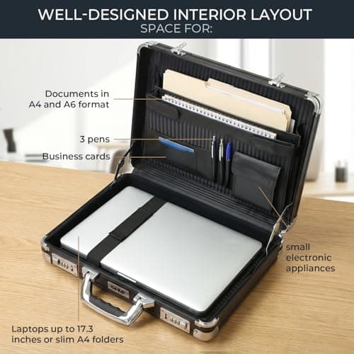 HMF Aluminium Briefcase for Laptop up to 17.3 Inches, Men's Business Briefcase with Combination Lock, Padded Laptop Compartment and Organiser in the Lid | 45 x 33 x 11 cm | Black — view 5