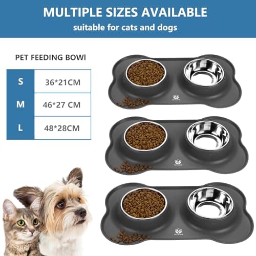 PET'S HUB Pet Feeding Bowl Set, Double Bowls with Silicone Mat Tray for Cats, Puppies, and Small Dogs. (Grey, Small) — view 3