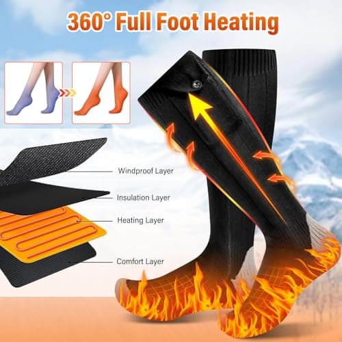 OHFAMO Rechargeable Heated Socks for Men Women, Electric Heated Socks with 2 Rechargeable 5V 5000mah Battery Powered 360° Foot Warmer 4 Levels Heating Suitable for Hiking Camping Outdoor, UK 3~13 — view 3