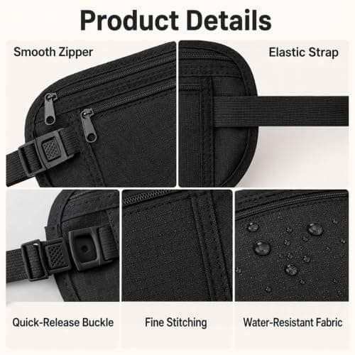 HOQBFSN RFID Blocking Hidden Travel Money Belt Ultralight Anti Theft Waist Pouch Adjustable Strap Multi Pocket Security Waist Bag for Passport Cash Phone Cards Black — view 3