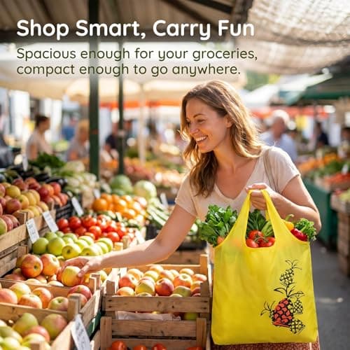 KIPTVO 4 Pack Foldable Shopping Bags with Fruit Patterns, Portable Reusable Tote Bags for Grocery, Travel, Beach & Gym – Lightweight, Durable & Washable Eco Tote Bag Set — view 3