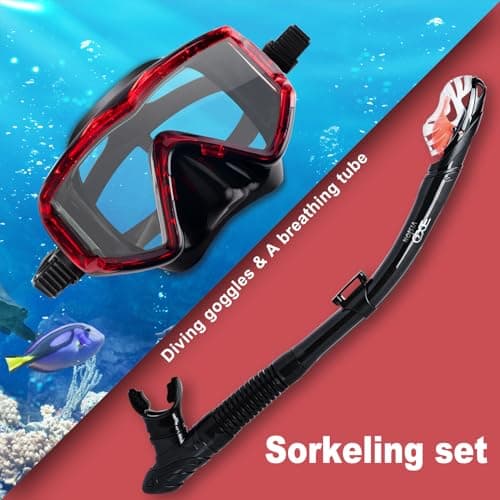 Dry Snorkel Set, Pano 3 Window Snorkel Mask, Anti-Fog Scuba Diving Goggles and Snorkel, Professional Adult Snorkeling Swim Mask Gear (Red Set) — view 4