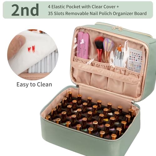 Nail Polish Organiser, Nail Varnish Storage Box Holds 45 Bottles Nail Polish & Nail Lamp, Nail Tech Travel Case, Nail Kit Carrying Bag for Nail Stuff & Manicure Tools (Green, 45 Slots) — view 3