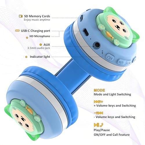 Riwbox Kids Bluetooth Headphones, CB-7S LED Light Up Bluetooth Wireless Headphones with Mic and Safe Volume Control for Travel/School/Laptop/PC/TV (Blue&Grey) — view 4