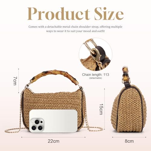 Freiesoldaten Women Straw Crossbody Bag, Boho Woven Small Shoulder Purse with Faux Bamboo Handle, Detachable Metal Chain Strap Casual Handbag for Summer Beach Vacation Travel Daily Use — view 2