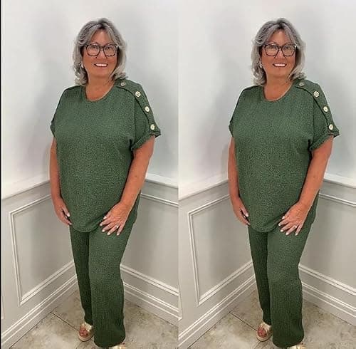 Womens Summer 2 Piece Sets Tracksuit for Women Casual Gold Button Travel Vacation Outfits Ladies Short Sleeve Sweatsuits Matching Wide Leg Crop Pants Track Suits (Khaki, UK 16-18) — view 4