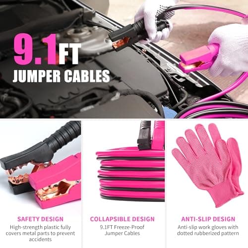 Pink Car Emergency Kit for Women & Girls, Emergency Roadside Assistance Set with Jumper Cables, First Aid Kit, Safety Hammer, Tow Rope and Stylish Pink Car Tools — view 4