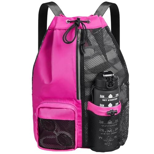 CHEPULA Swim Bag Mesh Drawstring Backpack with Wet Pocket, Waterproof Gym Bags for Beach Swimming Pool Gym Workout Men Women (Rose red)