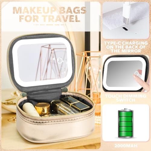 Extrei Gent Small Makeup Bag Travel Train Case with Mirror and Light Mini Travel Makeup Train Case Cosmetic Organizer 3 Adjustable Brightness Toiletry Bag Portable Artist Storage, Gold, Mini — view 3