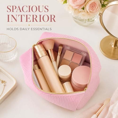 Soft Pink Corduroy Makeup Bag with Gold Metal Zipper for Cosmetic Storage in Travel, Vanity & Daily Commute - Portable Pouch Organiser for Women — view 4