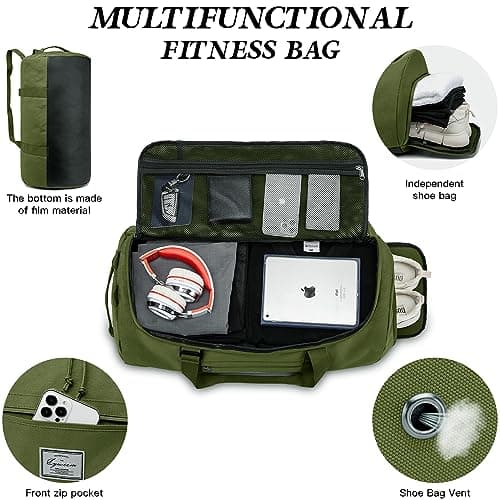 Lyweem Sports Gym Bag Men - 60L Large Travel Duffle Bag with Shoe Compartment, Weekend Holdall Bags, Overnight Duffel Bag Backpack, Green — view 3