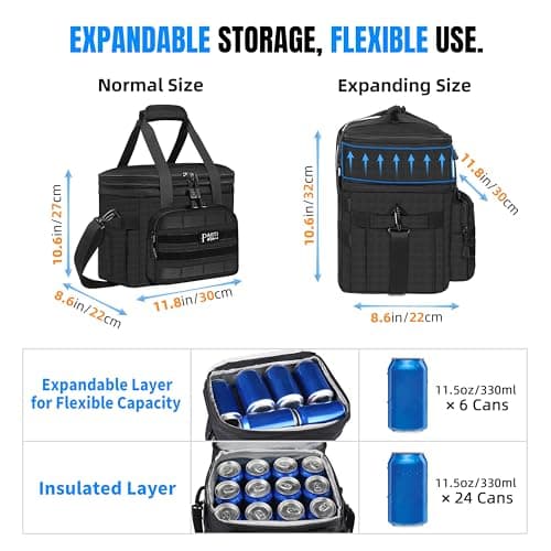PARTI FISH Cooler bag Lunch Bag 5-Layers Strong Insulated Cool Bag for Men 15-18L 2-Decks Large Expandable Water-Leak-proof Anti-slip-fall Tote Shoulder Lunch Kit Travel Golf Wine Work, Tactical Black — view 2