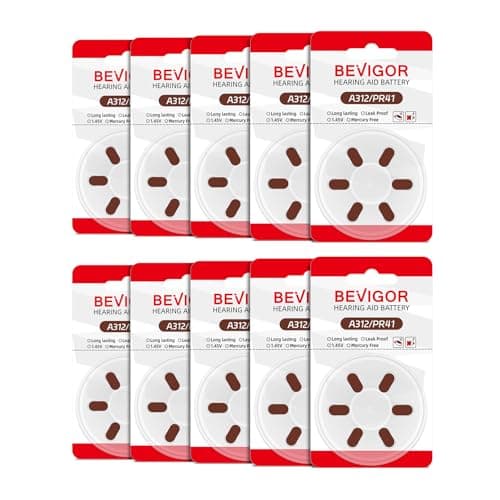BEVIGOR Size 312 Batteries, 60 High Capacity Mercury-Free Premium Batteries, 10x6 Pack PR41 Brown