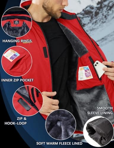 TACVASEN Skiing Jackets Men Waterproof Snowboarding Fleece Thermal Jacket Casual Outdoor Soft Shell Jackets with Zipper Hood Sportswear Red — view 6