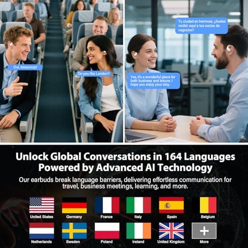 AI Language Translation Earbuds Real Time, 4-in-1 Bluetooth 5.4 Translator Earbuds, Supports 164 Languages & 7 Translation Modes with AI App, 50H Translator Device, Ideal for Travel/Business/Leaning — view 2